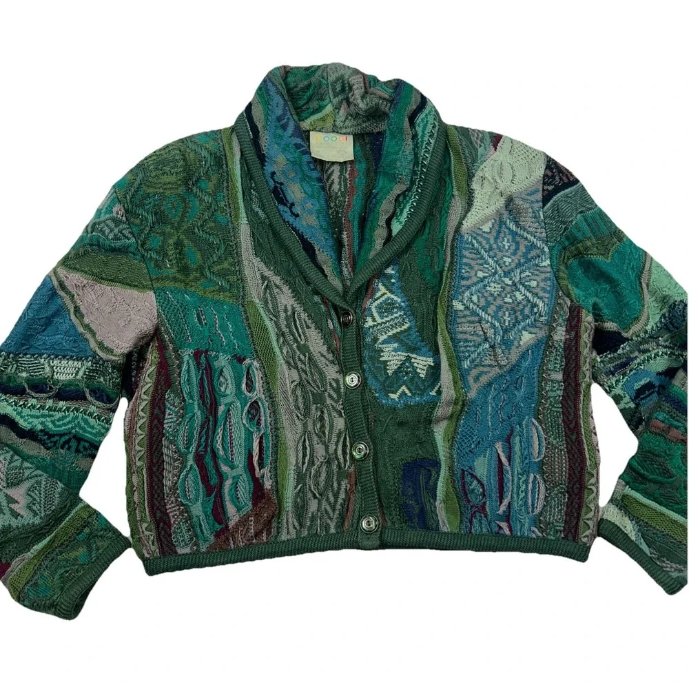 Coogi Grandpa Sweater Cardigan 3D Cable Knit Chunky 90's Multi Colored Women's M - Picture 1 of 15